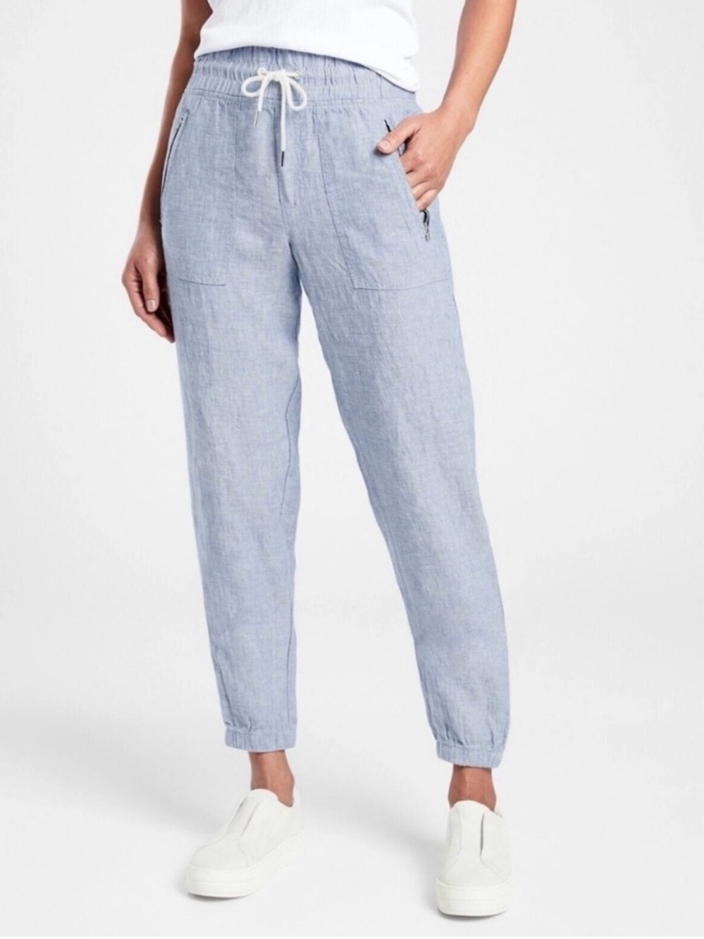 Athleta Light Blue Drawstring Linen-Blend Joggers